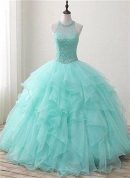 Picture of Mint Green Organza and Beaded Long Sweet 16 Dresses, Handmade Formal Dresses